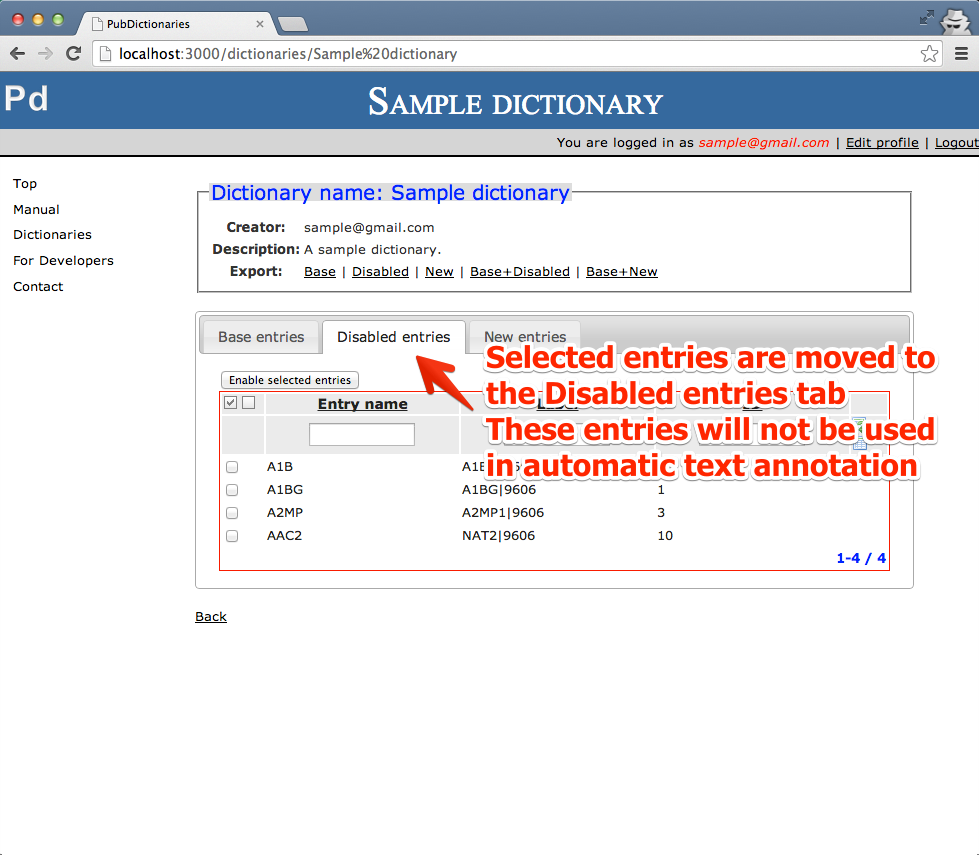 03 - Disabled entries will be moved to <i>Disabled entries</i> tab and will not be used in automatic text annotation.