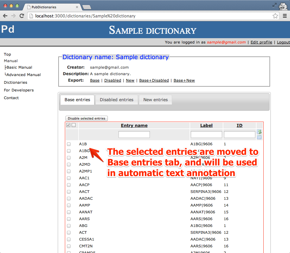 03 - Enabled entries will be moved to <i>Base entries</i> tab and will be used in automatic text annotation.